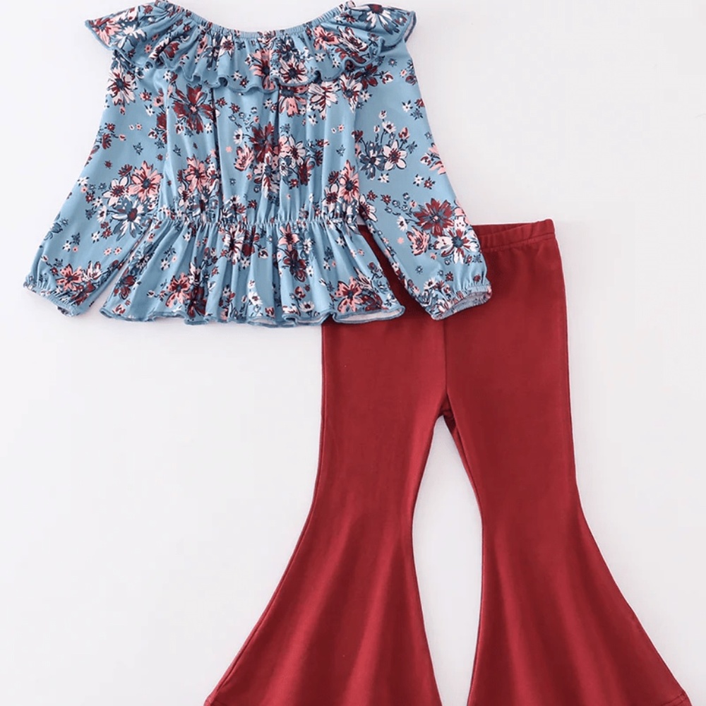 Honeydew Blue floral print bell bottom pants set